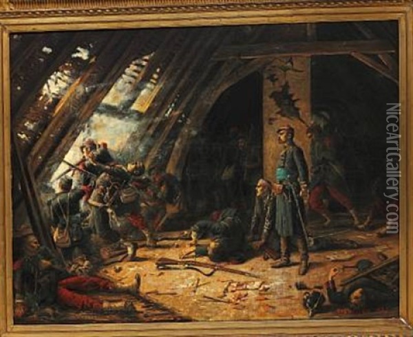 War Scene, Presumably From The Franco-prussian War Oil Painting - Charles Merlette
