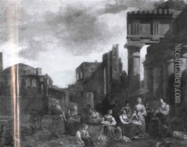 A Market Amongst Classical Ruins Oil Painting - Antoon Goubau