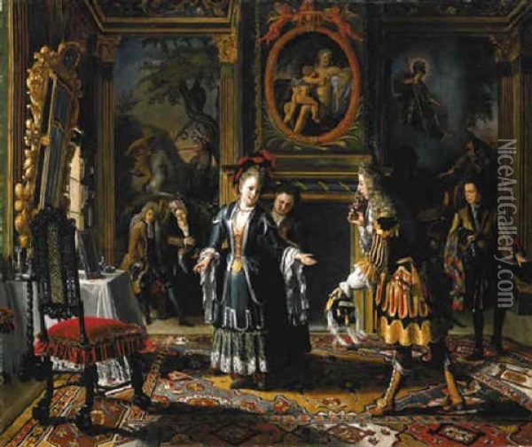 An Elegant Interior With A Gentleman Paying Court To A Lady Oil Painting - Matthys Naiveu