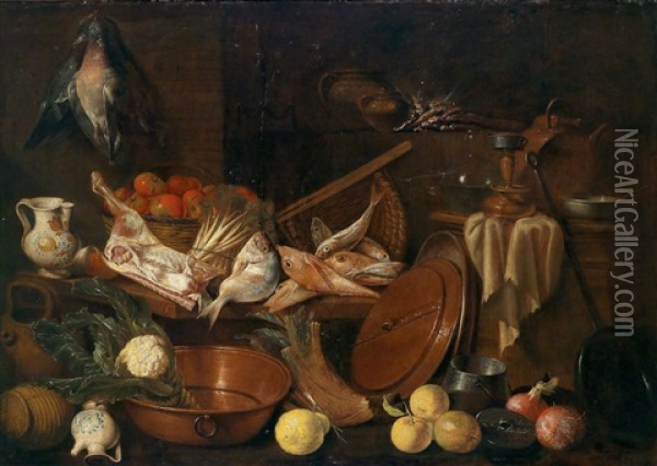 Groses Kuchenstillleben Mit Fischen, Wild, Gemuse, Fruchten Und Geschirr Oil Painting - Giovanni Domenico Valentino