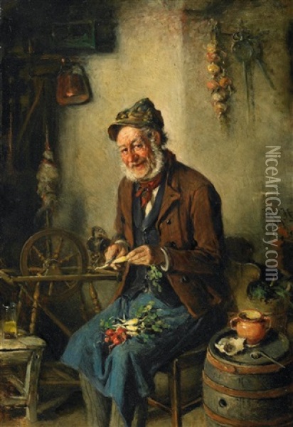 Die Vesperzeit. Alterer Mann In Der Kuche, Gemuse Schneidend Oil Painting - Hermann Kern