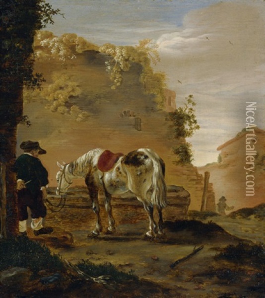 Reiter Mit Seinem Pferd An Der Tranke Oil Painting - Pieter Cornelius Verbeeck