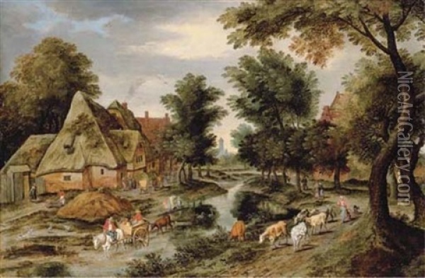 A Wooded Village Landscape With A Herdswoman On A Path And A Horse And Cart Crossing A River Oil Painting - Pieter Brueghel the Younger
