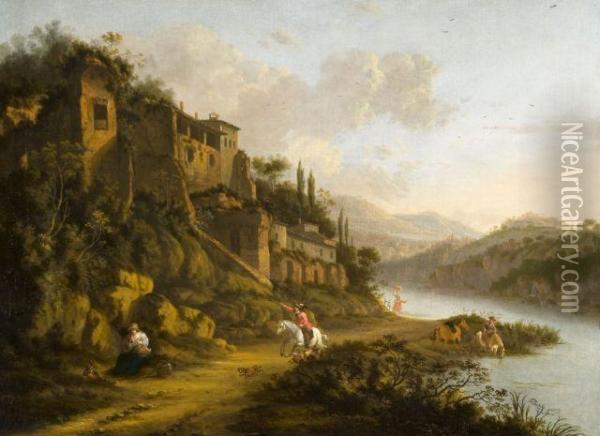 Cavaliers Et Promeneurs Le Long D'une Riviere Dans La Campagneromaine Oil Painting - Horatius Hooch