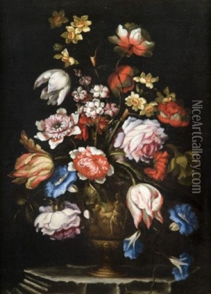 Bouquets De Fleurs Dans Des Vases A Decor De Grotesques (pair) Oil Painting - Francesco Mantovano