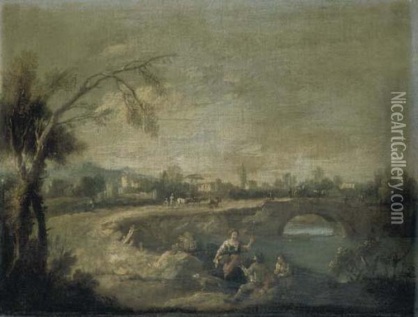 Paesaggio Fluviale Con Lavandaia Ed Altre Figure Presso Un Ponte Dipietra Oil Painting - Giuseppe Zais