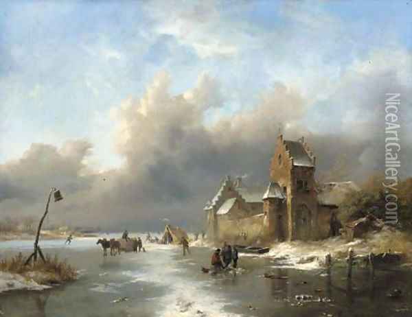 Winter landscape with figures on a frozen river Oil Painting - Frederik Marianus Kruseman