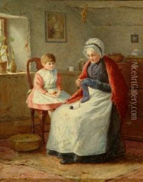 British, Interior Scene With Grandmother Darning And Child In A High Chair Oil Painting - Henry M. Terry