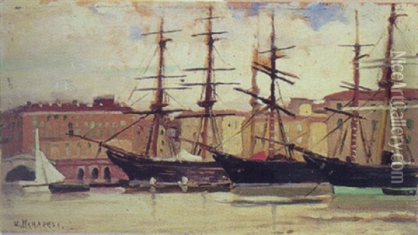 Havneparti Med Skibe Oil Painting - Ugo Manaresi