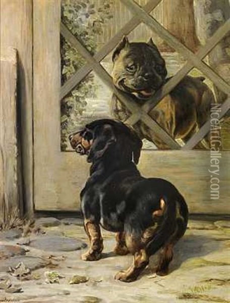 En Gravhund Og En Bulldog I En Hundegard Oil Painting - Simon Simonsen