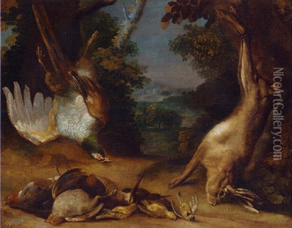 A Dead Hare And Pheasant With Partridge, Woodcock And Songbirds In A Landscape Oil Painting - Peter Von Bemmel