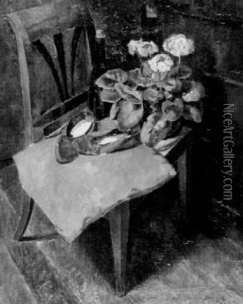 Stilleben Mit Blumen Und Roten Pantoffeln Oil Painting - Alexander Posch