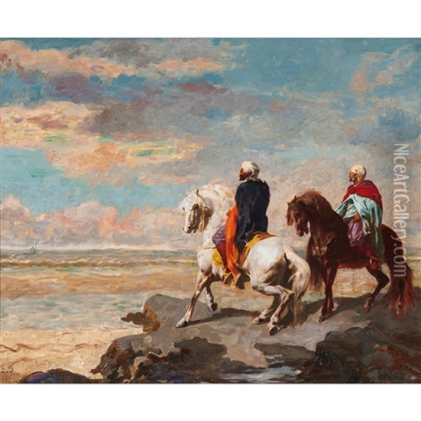 Orientalist Scene With Two Men On Horseback Oil Painting - Eugene Fromentin