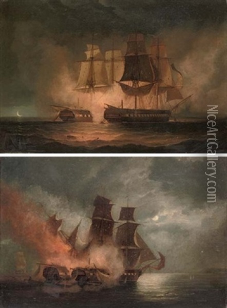 "h.m.s. Amethyst" Taking The French Frigate "thetis", 10th November 1809 (+ "h.m.s. Amethyst" Taking "niemen", 6th April 1809; Pair) Oil Painting - Robert Dodd