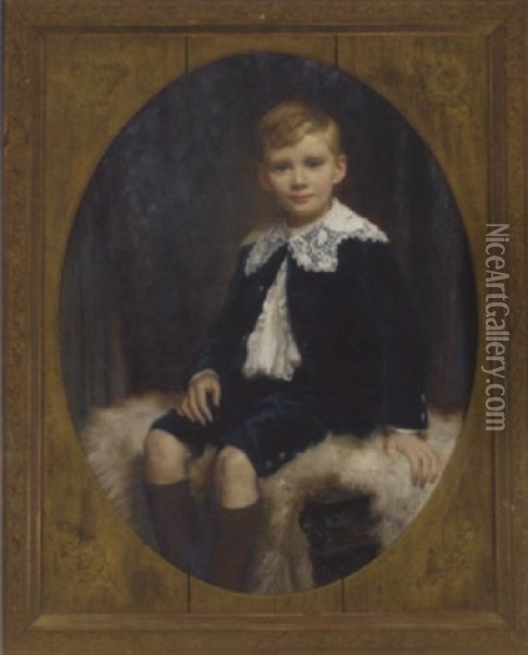 Portrait Of A Boy In A Blue Jacket And Breeches, On A Fur Covered Table Oil Painting - Charles Ernest Butler