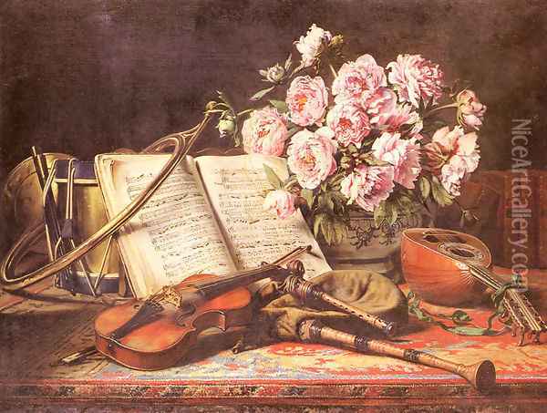 A Musical Still Life Oil Painting - Charles Antoine Joseph Loyeux