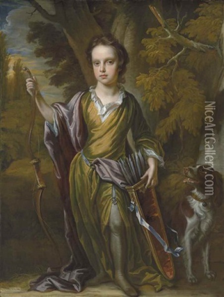 Portrait Of David Papillon (1691-1762), Full-length, With A Bow And Arrows And His Dog, In A Landscape Oil Painting - John Closterman