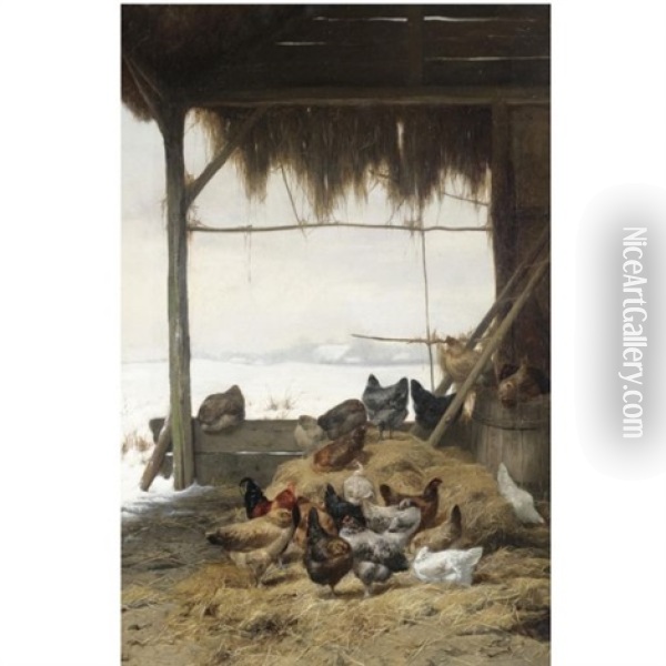 Chickens By A Hay Bail (+ Chickens In A Barn In Winter; Pair) Oil Painting - Eugene Remy Maes