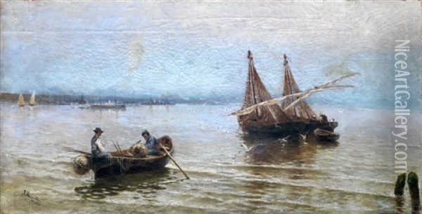 Barcas En La Playa De Rota Oil Painting - Jose Lafita y Blanco