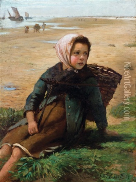 Peasant Girl On A Beach Oil Painting - Frank C. Penfold