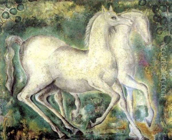 Deux Chevaux Blancs Oil Painting - Sei Koyanagui