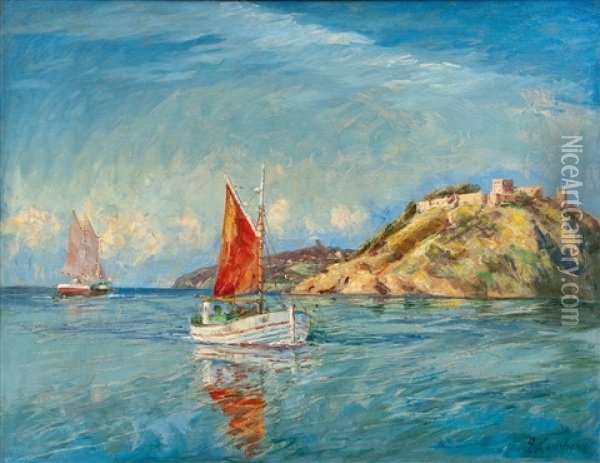 Sailboats By The Shore Oil Painting - Georgi Alexandrovich Lapchine