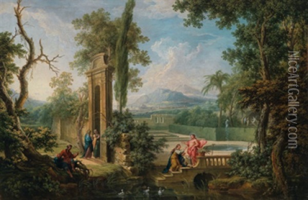 Weite Klassische Landschaft Mit Christus Und Magdalena Sowie Die Begegnung Von Maria Und Elisabeth Oil Painting - Giovanni Battista Cimaroli