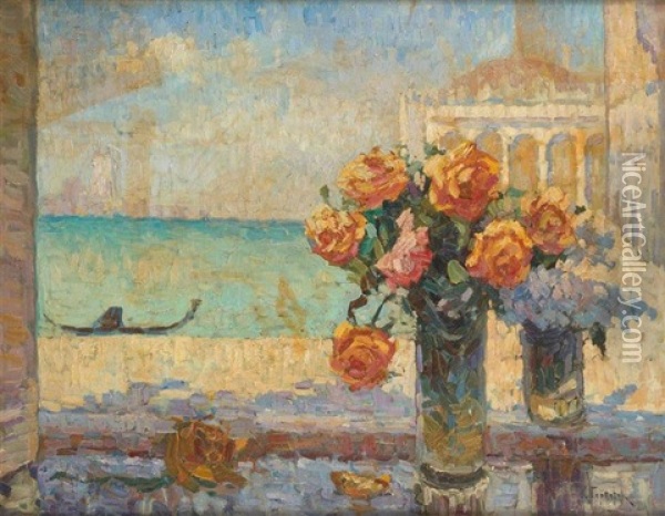 Vase Fleuri De Roses Sur Fond De Lagune Oil Painting - Konstantin Ivanovich Gorbatov