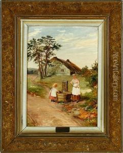 Mother And Daughter At A Pump Oil Painting - William Scott Myles