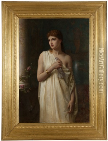 Portrait Of A Woman In Greco-roman Dress In An Interior Holding A Pigeon Oil Painting - Edwin Long
