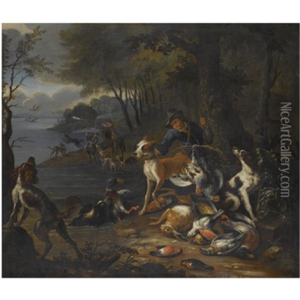 A Wooded Landscape With Huntsmen And Their Hounds On The Banks Of A Lake, An Abundance Of Dead Game In The Foreground Oil Painting - Adriaen de Gryef