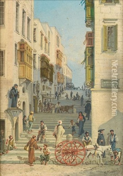 Valletta Street Scenes (+ Another;  Pair) Oil Painting - Girolamo Gianni