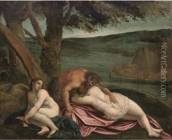 Two Nymphs With A Satyr On A River Bank Oil Painting -  Scarsellino