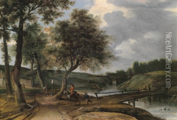 Flusslandschaft Mit Reiter Bei Einer Brucke Oil Painting - Roelant Roghman