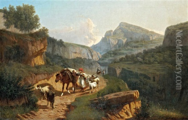 Italian Landscape With Shepherds Returning Home Oil Painting - Andras Marko