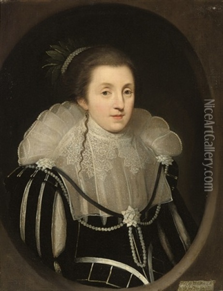 Portrait Of Diana Drury, Viscountess Wimbledon (?-1631), Half-length, In A Black Dress With Slashed Sleeves, Pearls And Ribbons, In A Feigned Oval Oil Painting - Paul van Somer