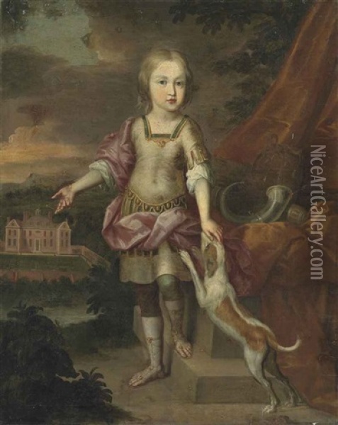 Portrait Of A Boy, Full-length, In Classical Attire, With A Dog, In The Grounds Of An Estate Oil Painting - Jacques Parmentier