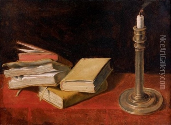 Vanite Aux Livres Avec Une Bougie Sur Un Entablement Oil Painting - Charles Emmanuel Bizet