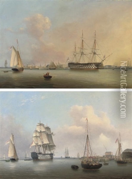 H.m.s. "trafalgar" (+ H.m.s. "queen" Lying Off The Royal Dockyard At Sheerness; Pair) Oil Painting - Robert Strickland Thomas