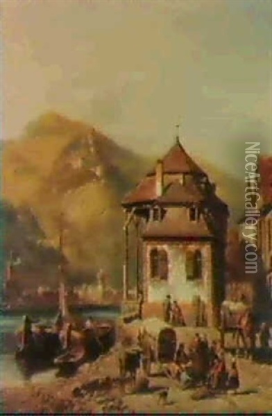St. Goar On The Rhine, With St. Goarhausen And Katz Castle  Beyond Oil Painting - Jacques Francois Carabain