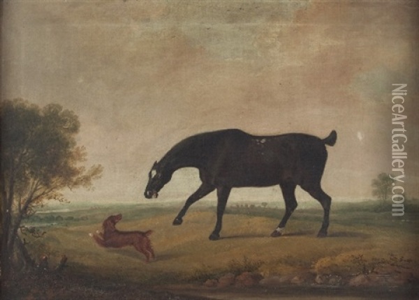 Portrait Of A Black Horse And Spaniel In A Landscape Oil Painting - Thomas Weaver