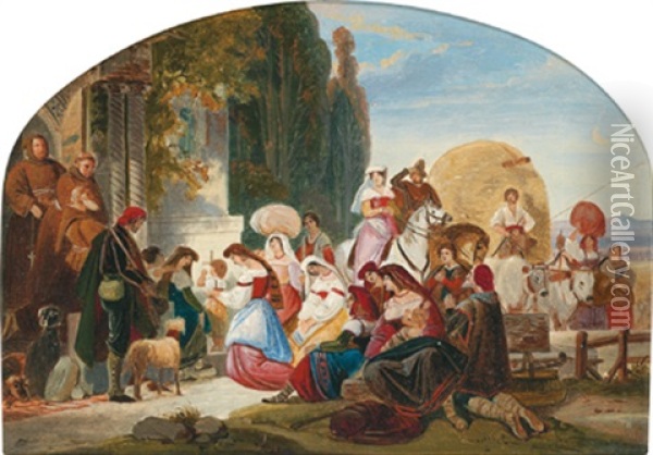 Bauern Aus Der Romischen Campagna Vor Einem Madonnenbild An Einem Klosterportal Betend Oil Painting - August Hopfgarten