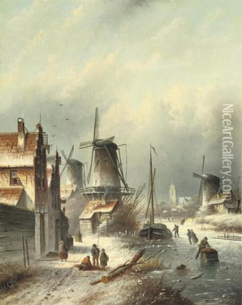 Winter In A Small Town With Windmills Oil Painting - Jan Jacob Coenraad Spohler