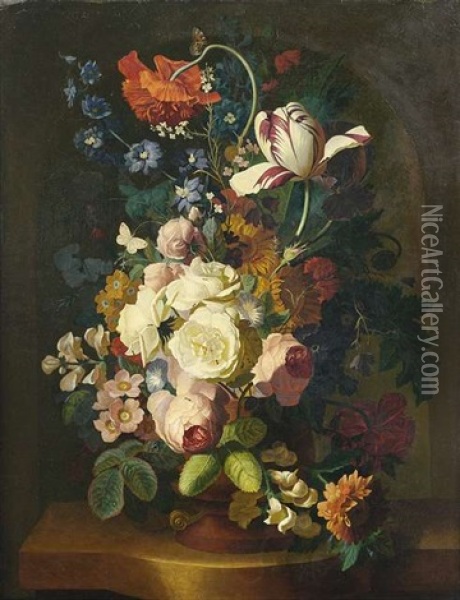 Blumenbouquet Mit Rosen, Nelken, Tulpen, Und Anderen Blumen In Einer Steinvase Auf Steinpodest Oil Painting - Jan van Os