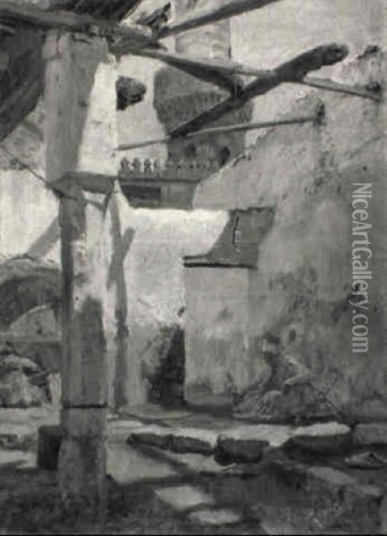 Alter Moscheehof: An Arab Resting Inside A Yard, Cairo Oil Painting - Max Friedrich Rabes