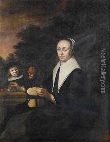 Portrait Of A Gentleman In Black Dress (+ Portrait Of A Lady And A Young Boy Playing With Apples; Pair) Oil Painting - Jacobus Levecq