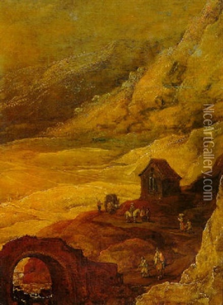 Travellers On A Track By A Bridge In A Mountainous Landscape - A Fragment Oil Painting - Joos de Momper the Younger