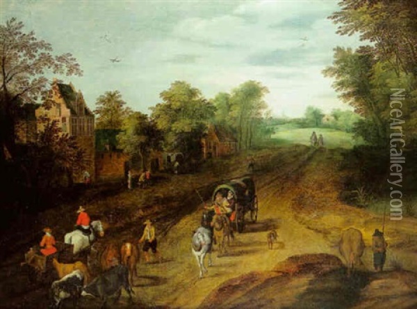 Paysage Boise Avec Village Anime De Villageois Et Troupeau Oil Painting - Joseph van Bredael