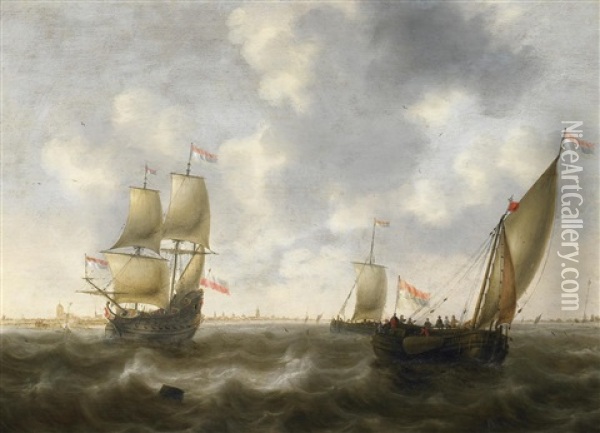 Schiffe Auf Dem Wasser Vor Einer Hollandischen Stadt Oil Painting - Jacob Adriaenz. Bellevois