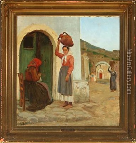 Italian Village Scenery With Women Fetching Water By The Well Oil Painting - Anne Sophie Petersen